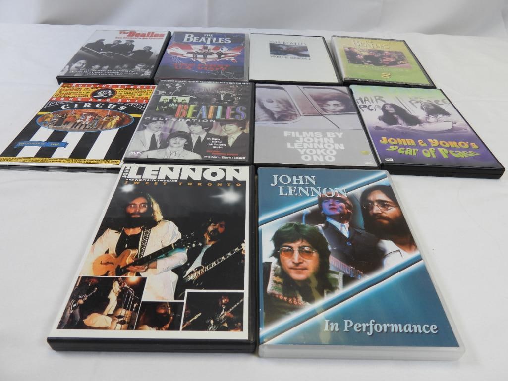 LOT OF 10 DVD's, USED: Lot includes "Films by John Lennon and Yoko Ono", "Rolling Stones Rock and Roll Circus", "John and Yoko's Year of Peace", "The Beatles Celebration", "Sweet Toronto", "John Lennon In Performance", "Bea