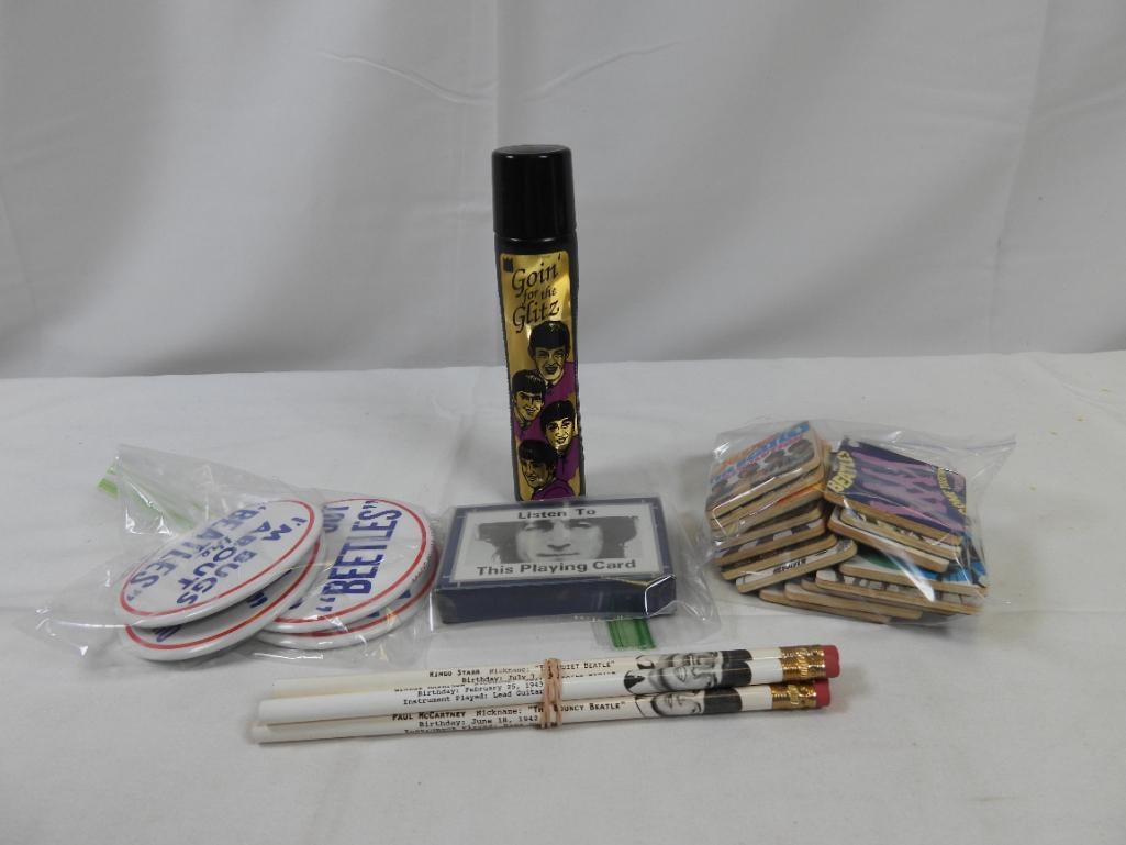 LOT OF BEATLES Collectables Including Pencils, Pins, Magnets, Cards, Bingo Marker: Lot includes an assortment of pencils, magnets, playing cards, and a bingo marker; FUN LOT