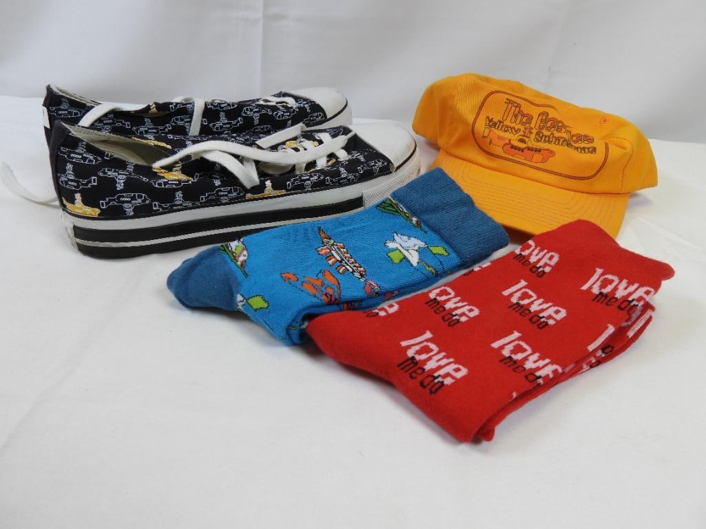 LOT OF Beatles Socks, Hat, and BEN SHERMAN Canvas Sneakers: Lot includes 2 pairs of socks, a baseball cap, and ,men's size 10 canvas Ben Sherman sneakers in good condition.Hat was purchased from the Yellow Submarine Tour in LIverpool.