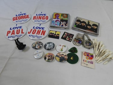 LOT OF 2 Beatles Metal Cases, Golf Tees, Pins, Watch, Compass