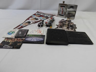 LOT OF BEATLES Wallets, Flask, Pens, Magnets, Paper Ephemera, Keychain