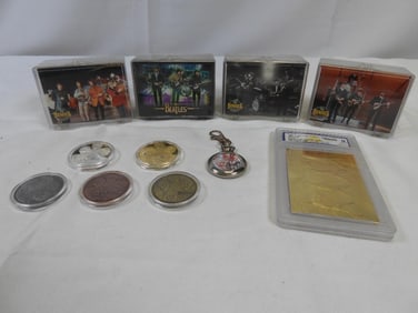 LOT OF BEATLES Trading Cards, 5 Coins, 2 Limited Edition 23 Karat 1996 Trading Cards