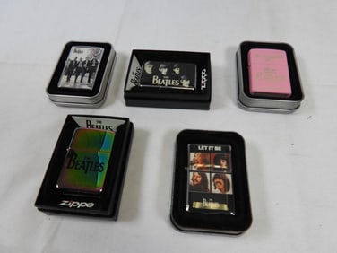 LOT OF 5 BEATLES LIGHTERS (2 ZIPPOS)
