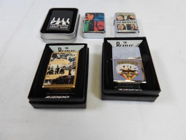 LOT OF 5 BEATLES LIGHTERS (3 ARE ZIPPOS)