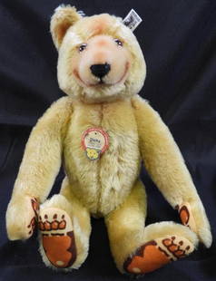 Vintage STEIFF 12" Dicky teddy bear replica 1930: Vintage STEIFF approx. 13" tall Dicky teddy bear, replica 1930 Ltd. Ed. 1985, original tag and STEIFF ear button, moveable joints so can stand and sit freely, may have light discoloration due to age,