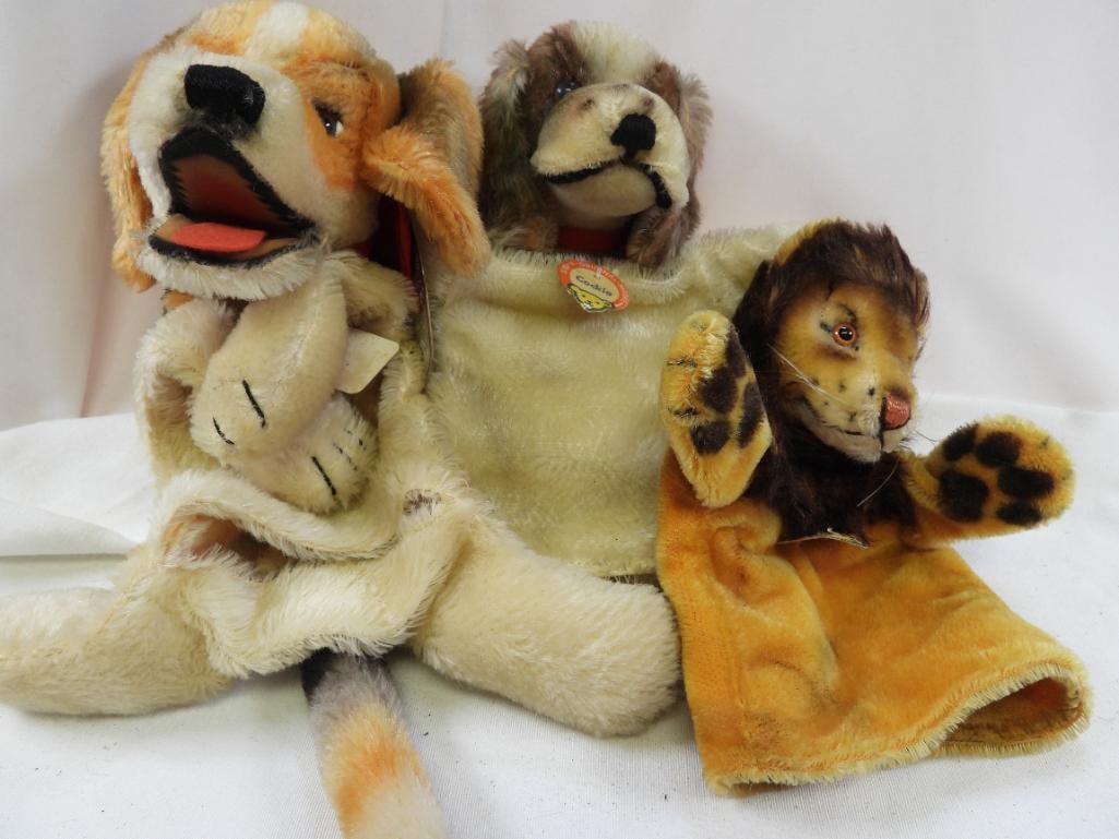 Vintage STEIFF LOT OF 3 puppets: Vintage STEIFF LOT OF 3 puppets approx. 8" tall: Cockie dog, Mimic biggie and dog - all have original tags and STEIFF ear buttons