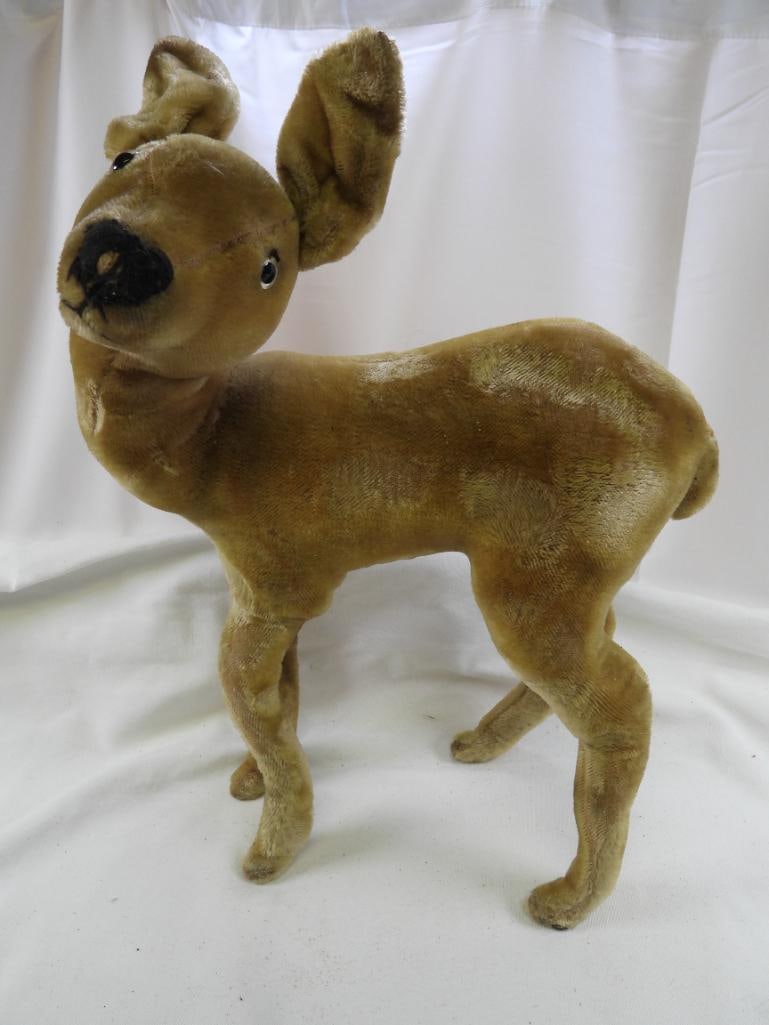 Vintage 18" tall deer: Vintage approx. 18" tall deer, appears to be STEIFF, some wear and discoloration due to age