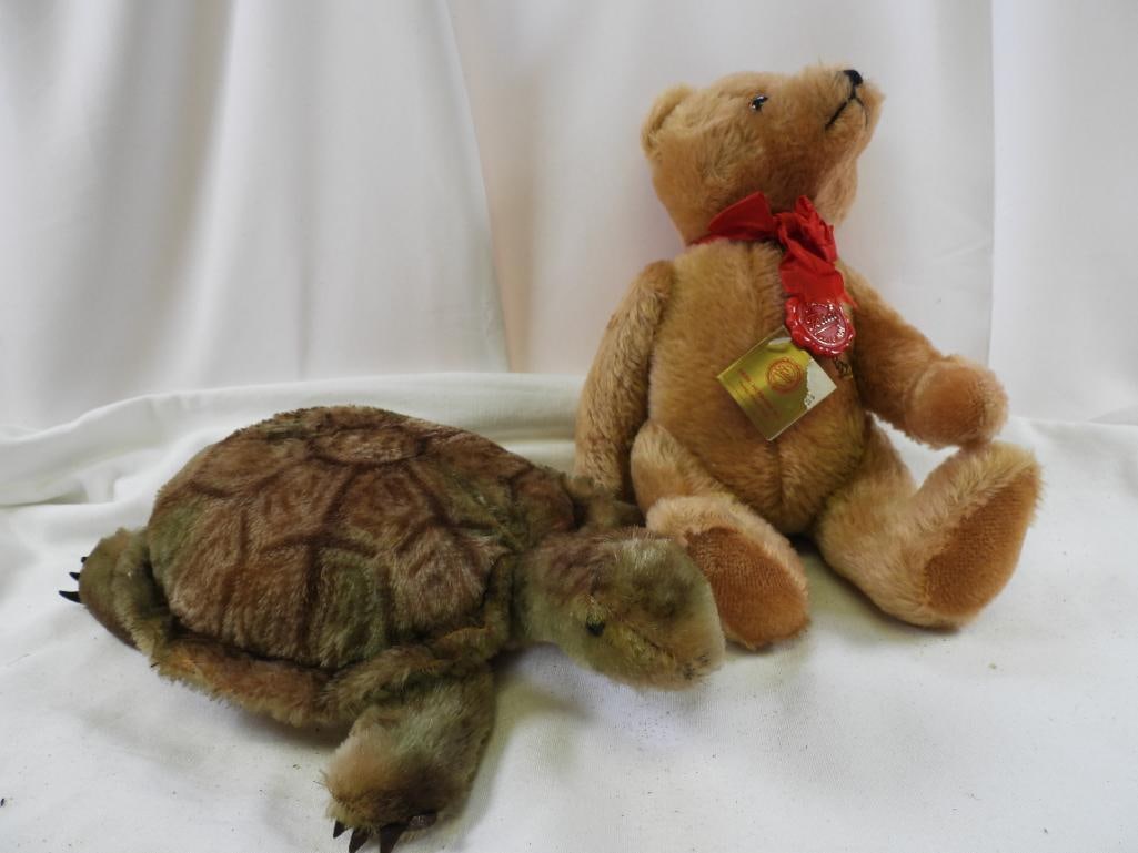 Vintage HERMANN Teddy and turtle: Vintage approx. 13" tall HERMANN teddy and 13" long turtle appears to be STEIFF, may have discoloration and wear due to age
