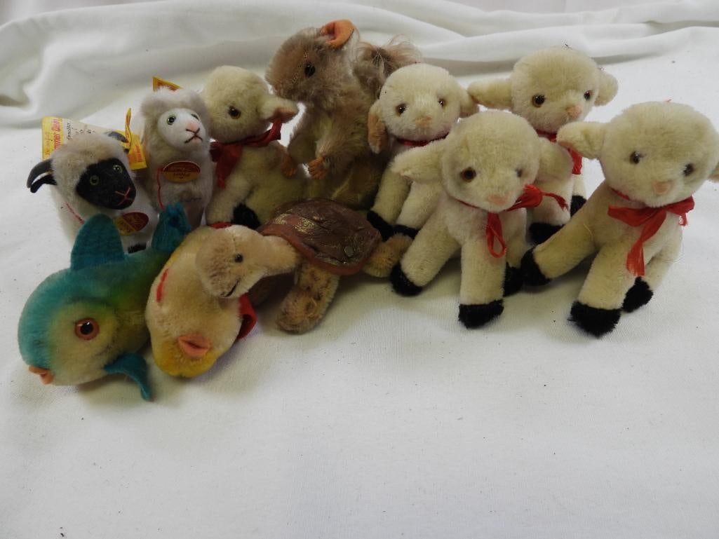 Vintage LOT OF 11 STEIFF animals: Vintage LOT OF 11 STEIFF and other animals including Snuck, fish, turtle, lambs, squirrel etc. May have discoloration due to age