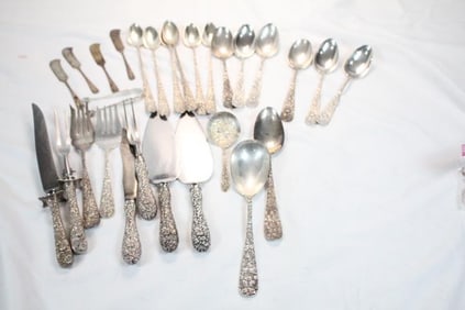 Antique Baltimore Rose and Stieff repousse flatware. Sterling Silver Flatware Weighs 1,815.5 grams