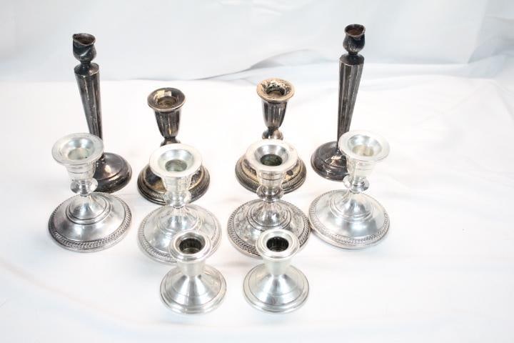 Lot of 7 Antique Weighted Sterling Silver candle stick holders (1 of 10)