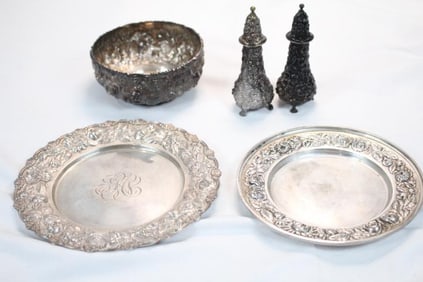 Vintage Antique Stieff Repousse Sterling silver plates, bowl + Salt & pepper
