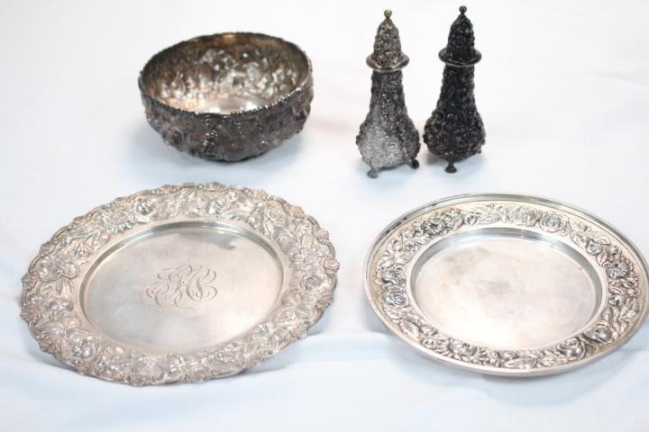 Vintage Antique Stieff Repousse Sterling silver plates, bowl + Salt & pepper (1 of 10)
