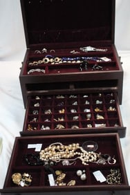 Vintage Dark wood full jewelry box Vintage Costume Jewelry Designer
