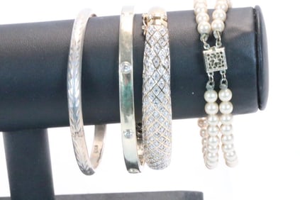 Sterling Silver Lot of 4 bracelets, CZ and pearl 59.4 grams
