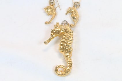 Gold plated Seahorse Pendant and earrings set