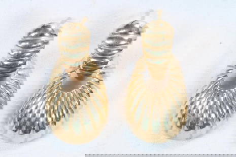 14kt gold drop shell design pierced earrings: Not hallmarked but tests 14kt. no post backs 1" x 0.5" weighs 5 grams.