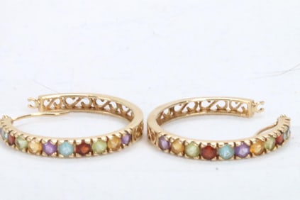 14kt gold multicolor gemstone hoop pierced earrings 3.8 grams