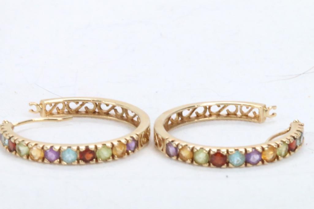 14kt gold multicolor  gemstone hoop pierced earrings 3.8 grams (1 of 5)