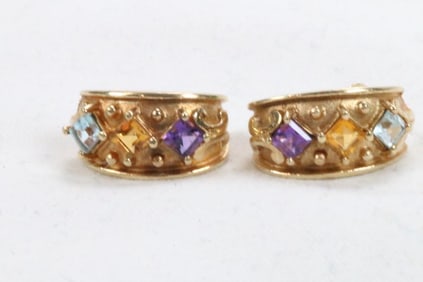 14kt gold thick half hoop multi color gemstone pierced earrings.4.0 grams