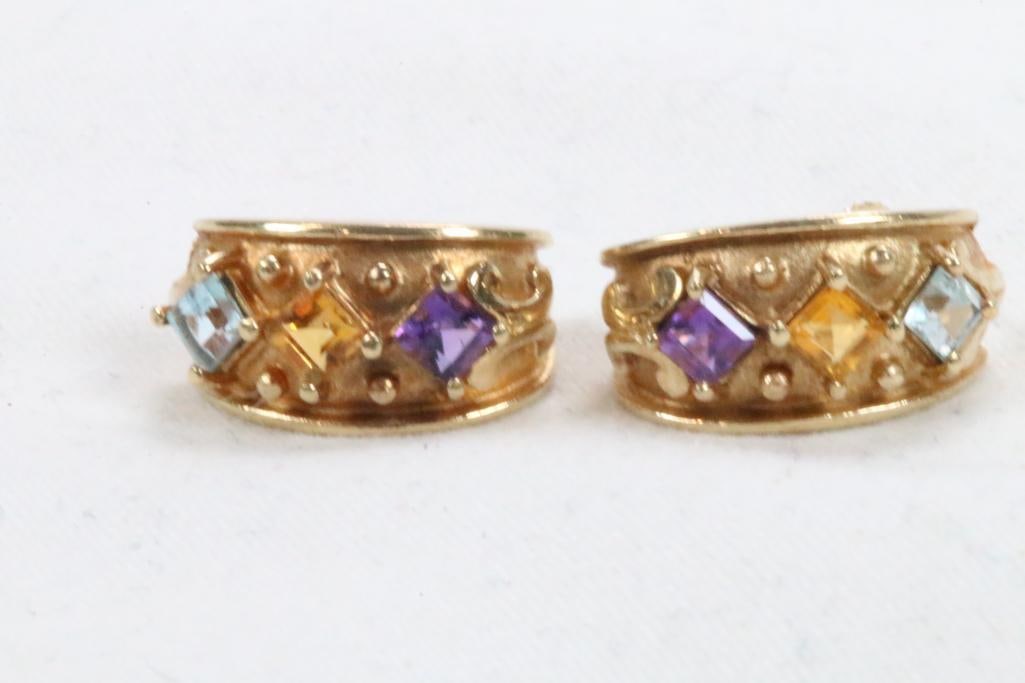 10kt gold thick half hoop multi color gemstone pierced earrings.4.0 grams (1 of 5)