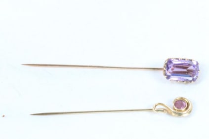 Antique 10Kt gold lot of 2 hat pins pink tourmaline and amethyst 4.0 grams