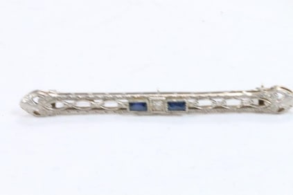 Antique 14kt white gold Blue topaz and diamond Victorian pin brooch