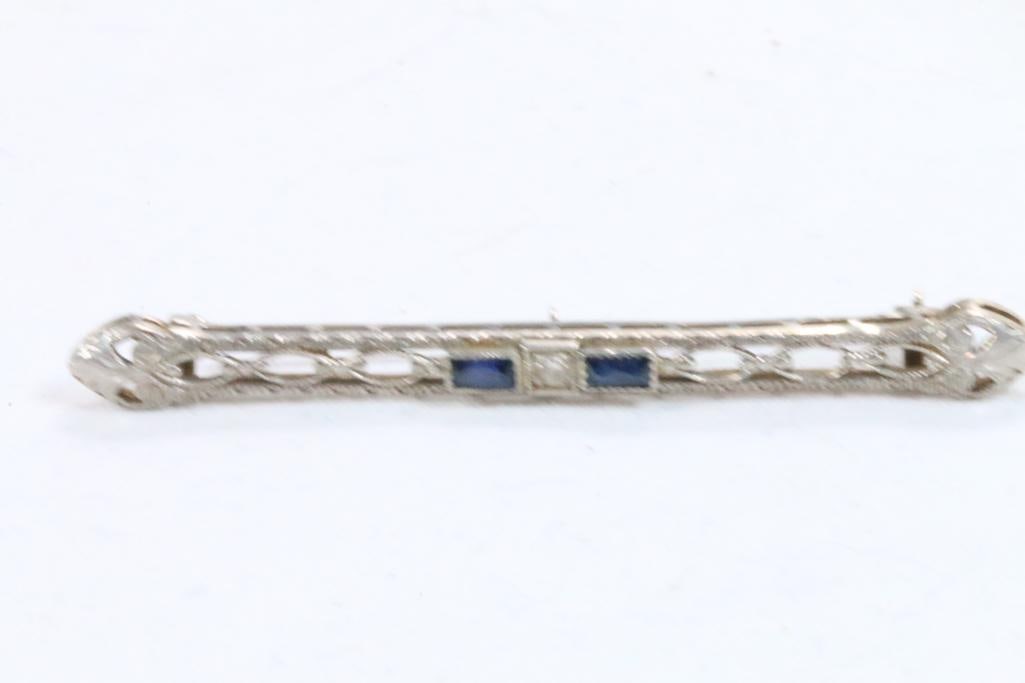 Antique 14kt white gold Blue topaz and diamond Victorian pin brooch (1 of 8)