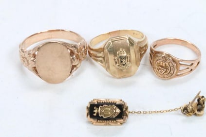 10kt gold 3 rings and pin lot 18 grams