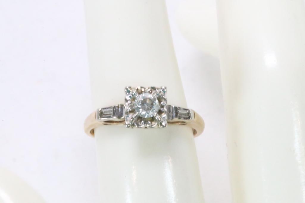 14Kt Yellow and white Gold Diamond solitaire ring with baguette sides 2.4 grams. Size 6. (1 of 7)