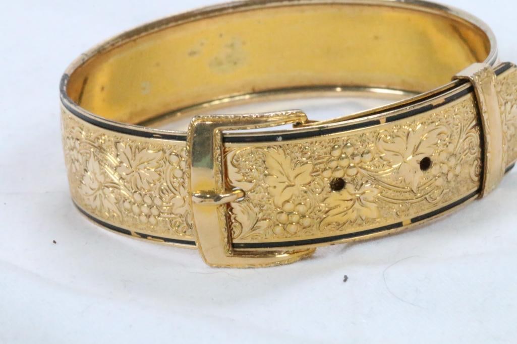12KT gold filled HAYWARD Antique Victorian Buckle Bracelet Weighs 13.8 grams.: Measures: 2.5" across. A little over 1/2" wide. This is ADJUSTABLE down to 2". Absolutely gorgeous etched detail in excellent condition with some wear to the black enamel fine border.