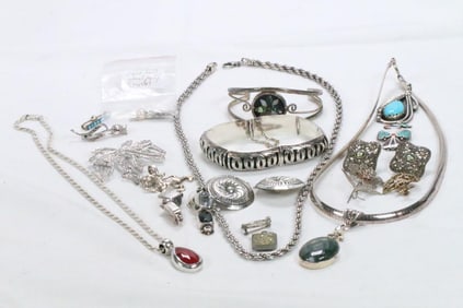 Jewelry Lot of 20 Sterling Silver Bracelets, necklaces, earring, pins and pendants