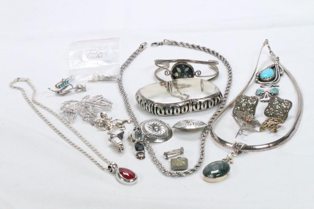 Jewelry Lot of  20 Sterling Silver Bracelets, necklaces, earring, pins and pendants (1 of 6)