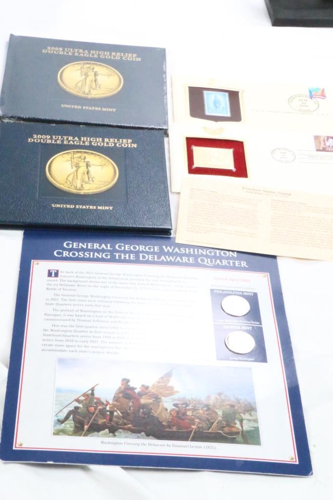 Coin , Stamp, Book Lot 2 US MINT Double Eagle Gold Books, (2) stamps and Washington quarter (1 of 6)