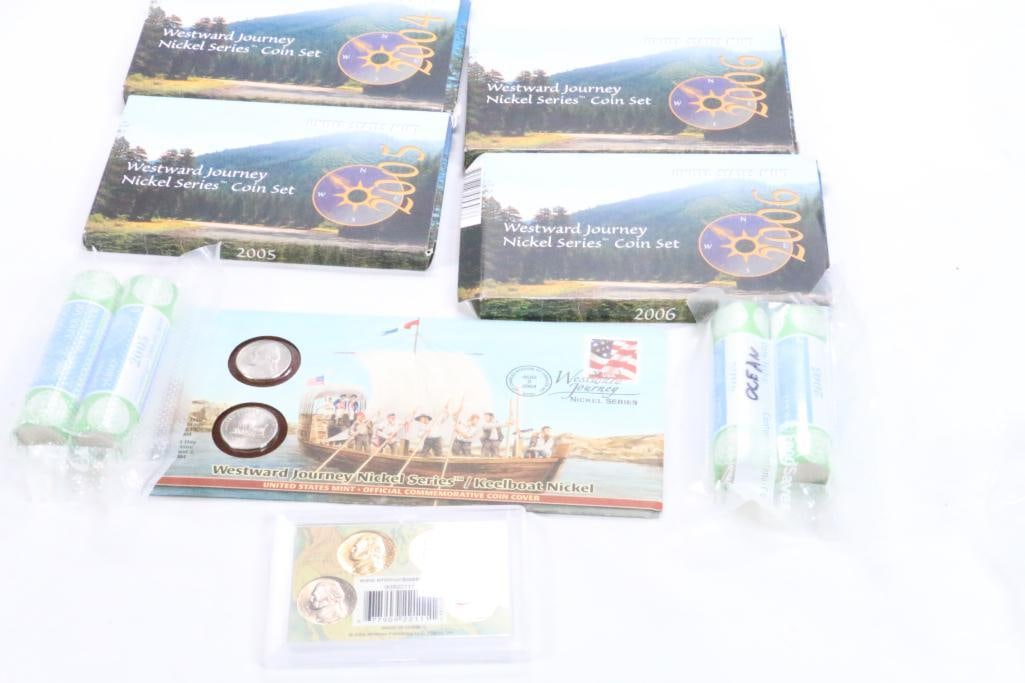 2004, 2005 and 2006 Uncirculated Westward Journey Nickels US MINT: Includes 4 boxed Westward Journey US mint sets, 4 sealed uncirculated rolls and card and case of coins