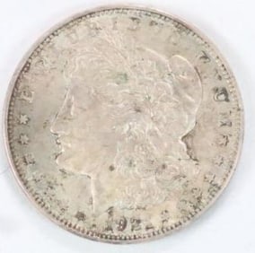 1921 Morgan Silver Dollar Coin. LIBERTY is legible.
