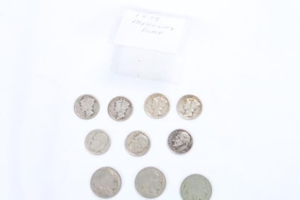 Lot of 7 silver dimes mercury and buffalo nickel
