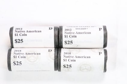Lot of 4 rolls United States Mint Uncirculated 2012 & 2018 Native American $1 coin rolls $25 face
