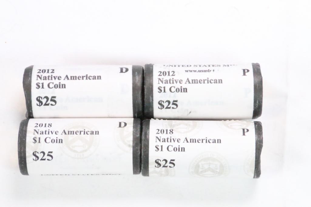 Lot of 4 rolls United States Mint Uncirculated 2012 & 2018 Native American $1 coin rolls $100 (1 of 4)