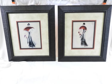 LOT OF 2 Japanese "Lady with Red Fan" framed artwork Marilyn Robertson
