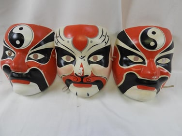 LOT OF 3 Vintage Japanese paper mache' Hand painted masks