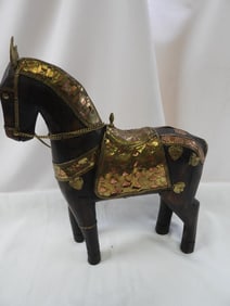Vintage Carved Wooden Horse figurine with brass and copper accents