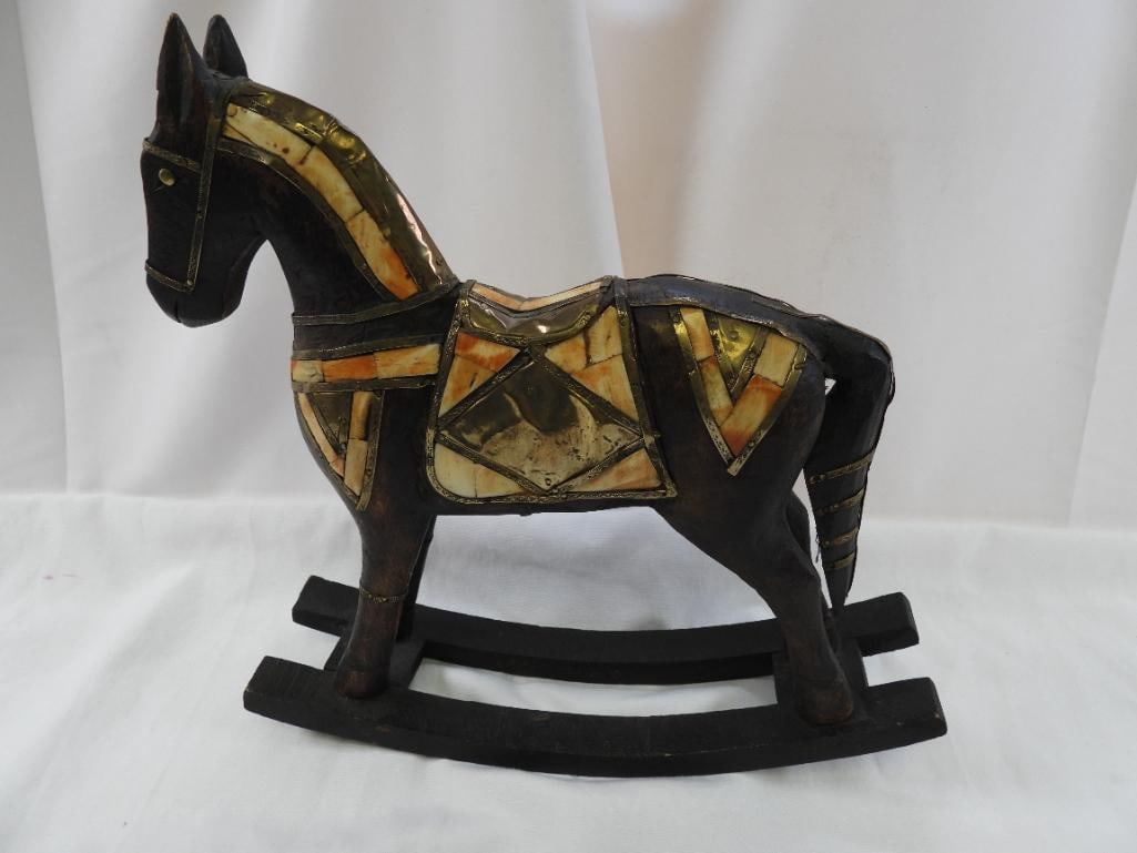 Vintage Carved Wooden Rocking Horse figurine inlaid bone and brass: Vintage Carved Wooden Horse with what appears to be bone and brass inlays, approx. 12" tall x 12" long x 3" wide