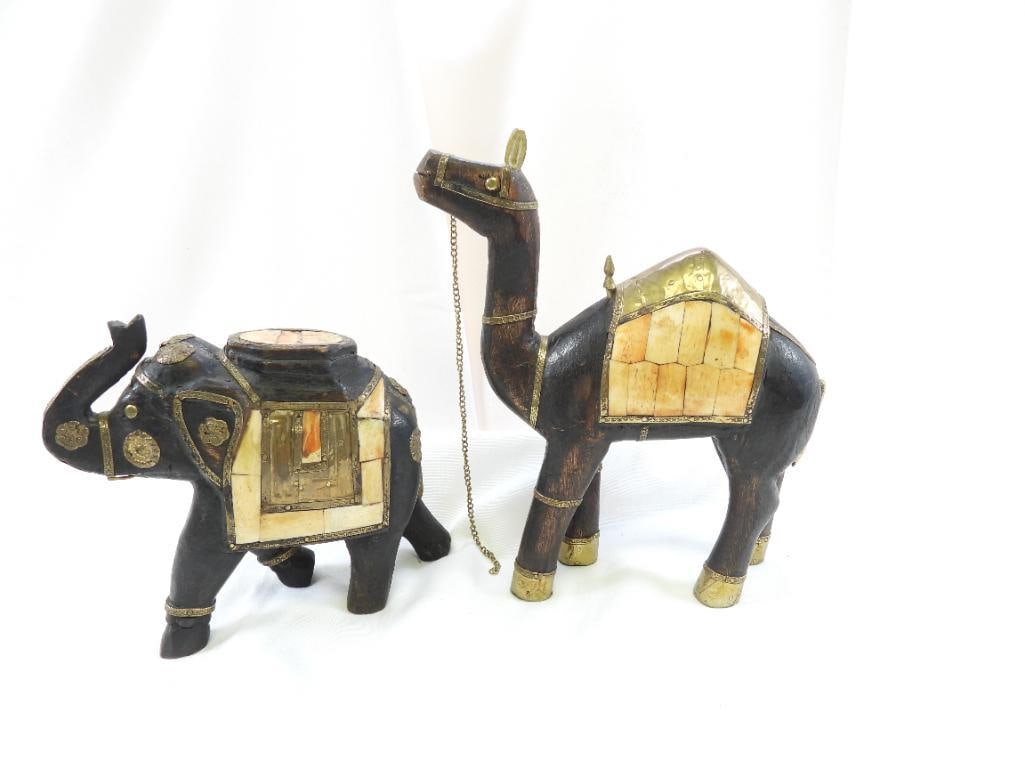 LOT OF 2 Vintage Carved Wooden Elephant and Camel figurines with brass and inliad bone: LOT OF 2 Vintage Carved Wooden Elephant and Camel with what appears to be bone and brass inlays. Elephant is approx. 8" long x 6" tall x 3" wide and camel is approx. 9" long by 9.5" tall x 3" wide