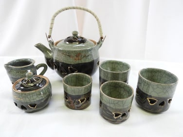 Otagirl Soma Ware Mid-Century Japanese Saki Tea Set stoneware pottery