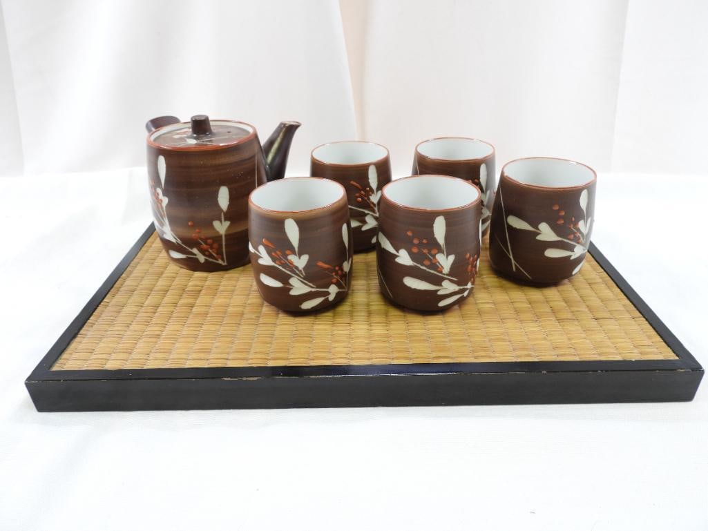 Vintage Brown Ceramic Japanese Saki tea Set with mat (1 of 7)