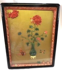 Jade and Coral Pink Japanese framed 3 dimensional Wall Art Vase Roses