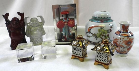 LOT OF 9 Vintage Japanese porcelain collectibles, buddha, geisha, vases more