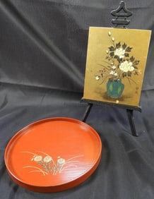 LOT Of 2 - Floral vase artwork on black stand and tray