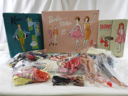 Barbie Cases, Barbies, clothing, accessories and more: Three Barbie cases, Three Vintage Barbies, Ken, Barbie and Skipper clothing and accessories including graduation gown/cap, diploma and more